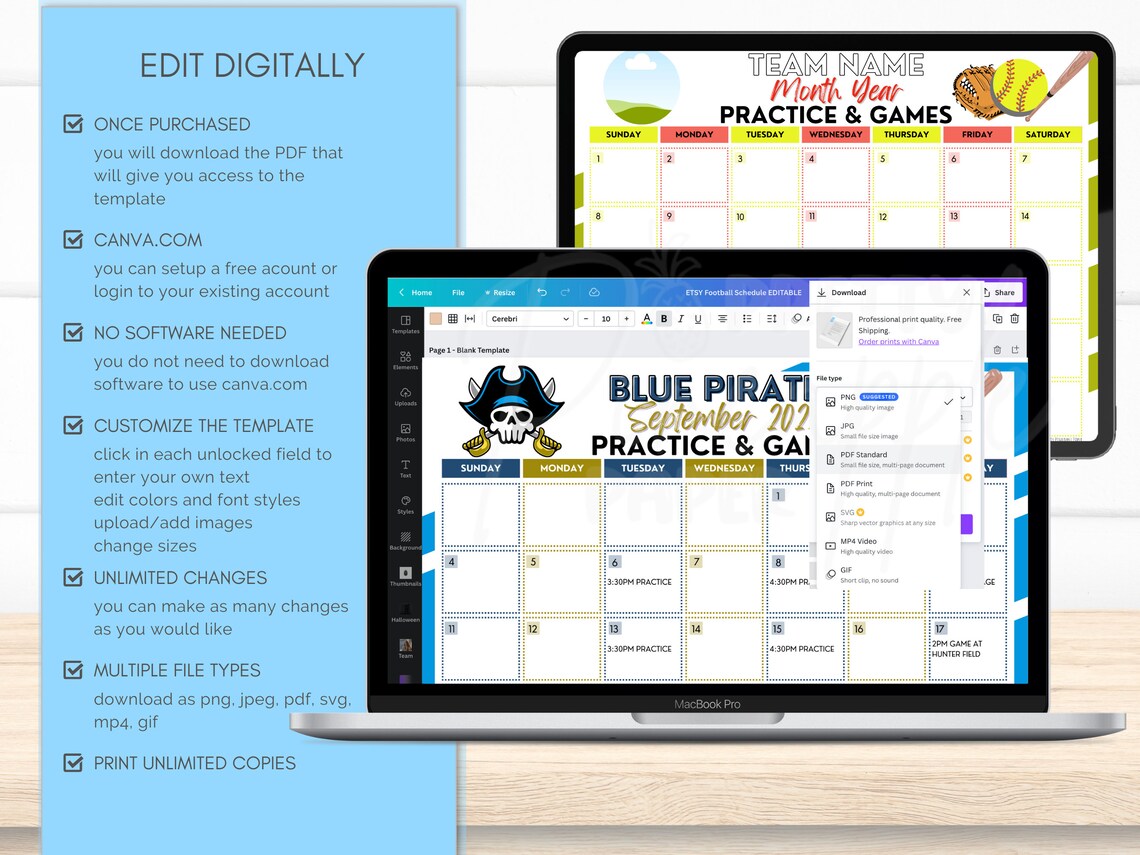 Editable Softball Calendar Template, Instant Download Practice and Games for Softball Season