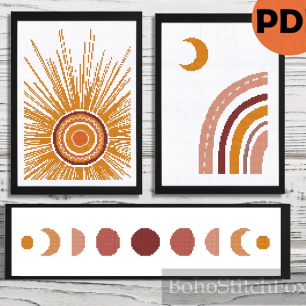 Boho sun cross stitch pattern mid century modern easy boho moon phases cross stitch rainbow cross stitch nursery home decor wall decor