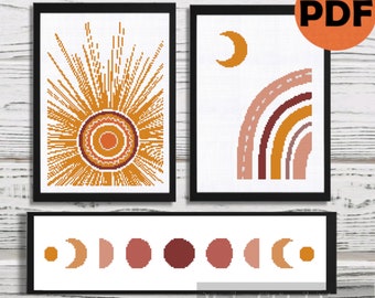 Boho sun cross stitch pattern mid century modern easy boho moon phases cross stitch rainbow cross stitch nursery home decor wall decor