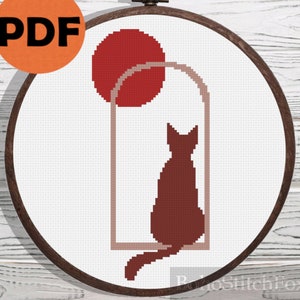 Boho cat and full moon cross stitch pattern PDF, easy small minimalist boho cross stitch pattern, cat cross stitch pattern