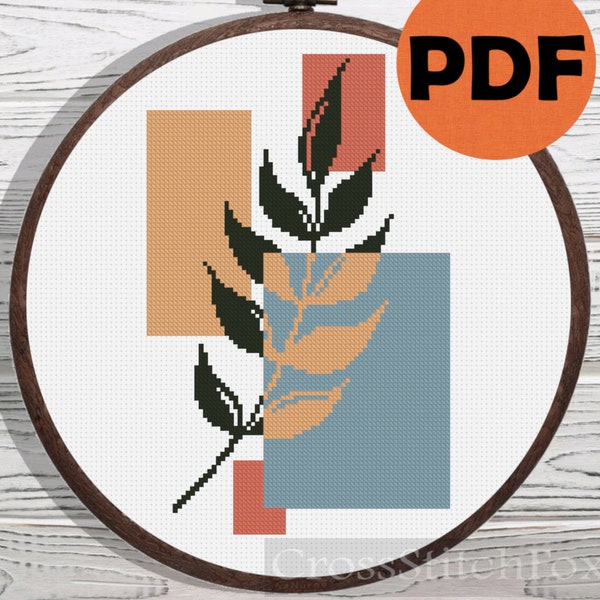 Modern boho cross stitch pattern PDF, easy small leaves counted cross stitch pattern home decor
