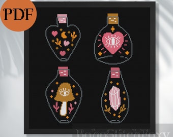 Potion bottle cross stitch pattern PDF Magic Bottles cross stitch pattern PDF, mystical occult boho easy modern home decor cross stitch