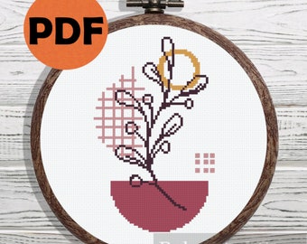 Geometric leaves cross stitch pattern PDF, easy small counted cross stitch pattern for beginners, boho cross stitch pattern home decor