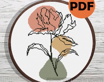 Boho flower line art cross stitch pattern PDF, easy small minimalist flower cross stitch pattern, nature cross stitch pattern