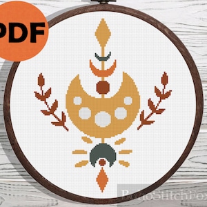 Boho moon phases cross stitch pattern PDF modern easy boho moon cross stitch moon cycle small cross stitch nursery home decor wall decor