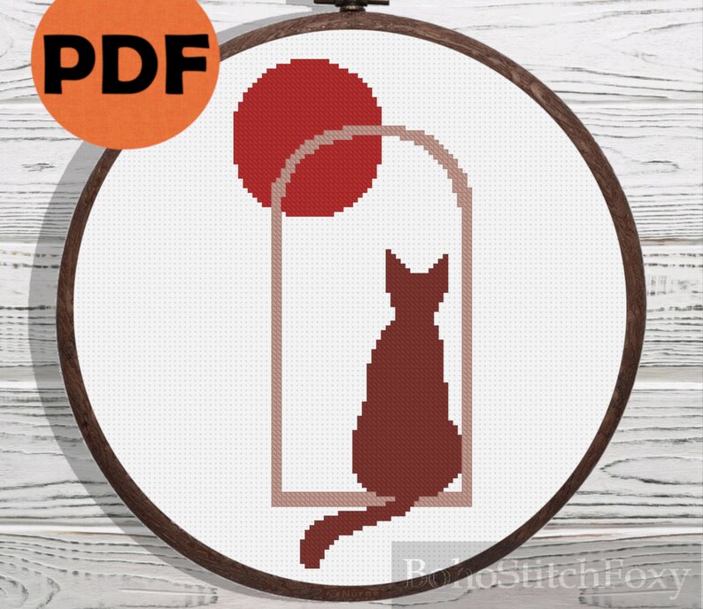 Boho Cat and Full Moon Cross Stitch Pattern PDF, Easy Small Minimalist ...