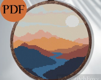 Montain landscape cross stitch pattern PDF,  easy cross stitch, abstract landscape, boho cross stitch pattern, nature home decor