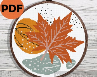 Autumn leaves boho cross stitch pattern PDF, nature cross stitch pattern, botanical cross stitch, fall home decor cross stitch pattern