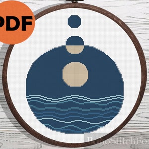 Blue sea moon phases cross stitch pattern PDF, modern easy boho moon cross stitch moon cycle, small cross stitch nursery moon wall decor