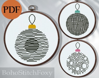 Geometric Christmas balls cross stitch patterns PDF, easy Christmas decor cross stitch, boho Christmas cross stitch patterns