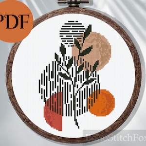 Mid Century Modern  Leaves Sun And Moon Abstract Geometric Cross Stitch Pattern PDF