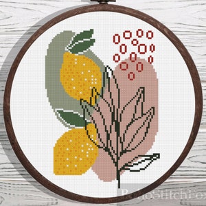 Lemon fruits and leaves cross stitch pattern PDF easy small minimalist plant cross stitch pattern, nature home decor cross stitch pattern