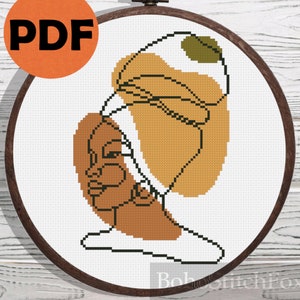 African woman portrait cross stitch pattern PDF, easy boho black girl portrait cross stitch pattern home decor