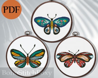 Butterfly cross stitch pattern PDF, boho insect cross stitch pattern, geometric butterfly mandala home decor cross stitch pattern PDF