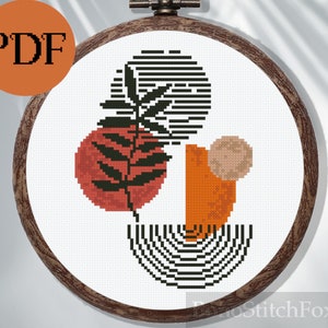 Mid Century Modern  Leaves Sun Abstract Geometric Cross Stitch Pattern PDF home decor