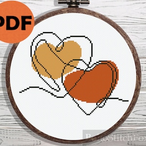 Patrón de punto de cruz con arte lineal de corazones bohemios, punto de cruz de corazones abstractos modernos, punto de cruz fácil para la decoración del hogar de San Valentín
