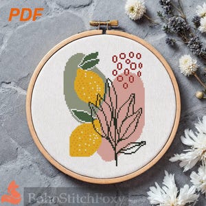 Lemon fruits and leaves cross stitch pattern PDF easy small minimalist plant cross stitch pattern, nature home decor cross stitch pattern