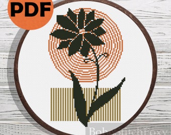 Minimalist boho flower cross stitch pattern PDF, easy small minimalist plant cross stitch pattern, home decor cross stitch pattern