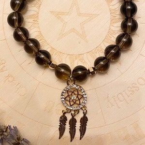 Pulseira de filtro dos sonhos de quartzo fumê | Pulseira elástica | Pulseira de quartzo fumê | Pulseira de contas | Pulseira de cristal