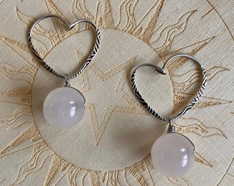 Rose Quartz Heart Earrings | Sterling Silver Earrings | Rose Quartz Earrings | Crystal Earrings