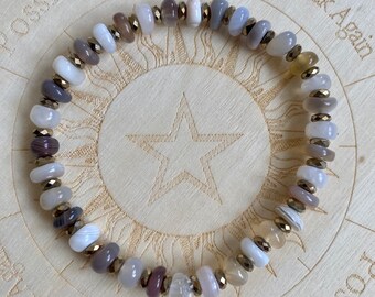 Pulseira de ágata e hematita facetada do Botswana | Pulseira elástica | Pulseira de miçangas | Pulseira de Cristal | Pulseira Ágata do Botsuana