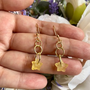 Faceted Geel Fluoriet Star Oorbellen | Gold Drop Oorbellen | Fluoriet Oorbellen | Kristallen Oorbellen