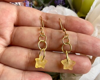 Faceted Geel Fluoriet Star Oorbellen | Gold Drop Oorbellen | Fluoriet Oorbellen | Kristallen Oorbellen