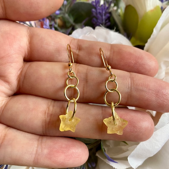 Faceted Yellow Fluorite Star Earrings | Gold Drop Earrings | Fluorite Earrings | Crystal Earrings