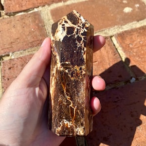 May include: A brown and white banded, faceted, crystal point. The crystal is a natural, raw, and unpolished stone.