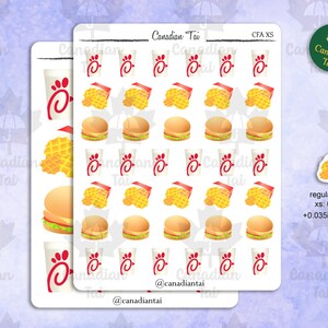 May include: A sticker sheet featuring rows of fast food icons including red and white drink cups, yellow waffle fries, and burgers. The sheet is labeled Canadian Tai CFA XS. Text indicates regular size is 1 inch, xs is 0.5 inch, and 0.035 inch border.