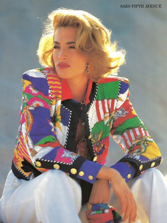 Escada Vintage 1992 Art Deco Printed Silk Cropped Quilted