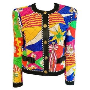 Escada Vintage 1992 Art Deco Printed Silk Cropped Quilted Jacket