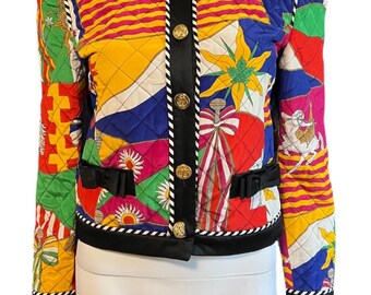Escada Vintage 1992 Art Deco Printed Silk Cropped Quilted Jacket