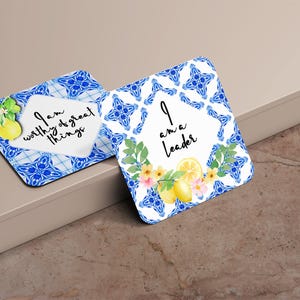 Carte di affermazione digitali con piastrelle blu mediterranee e limoni - Set da 20