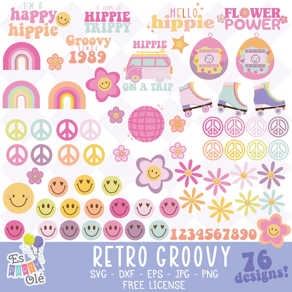 Rétro Svg, svg groovy, clipart hippie, hippie svg, svg nostalgie, svg des années 90, svg fleur, sourire svg, clipart rétro, fichiers svg rétro pour cricut