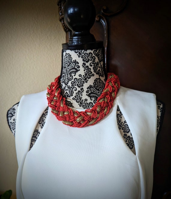 Red Seed Bead Goldtone Chain Braided Necklace - image 4