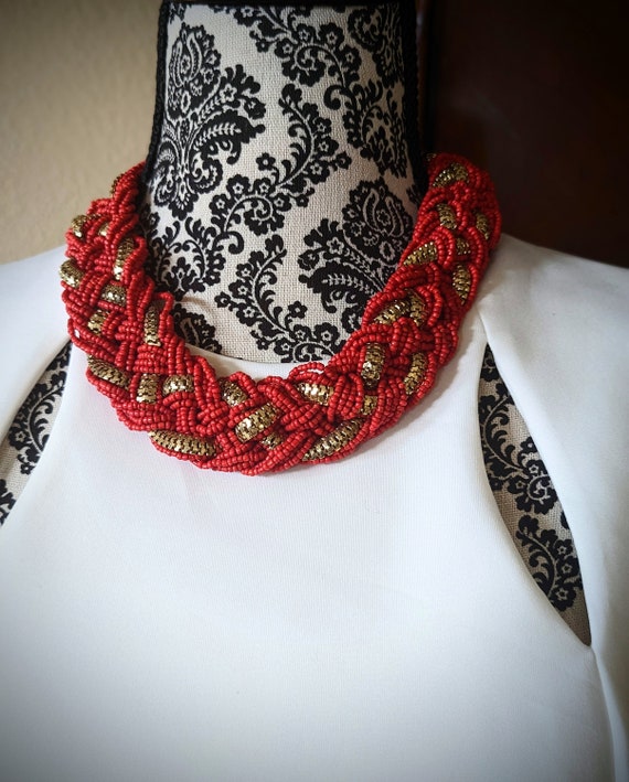 Red Seed Bead Goldtone Chain Braided Necklace - image 1