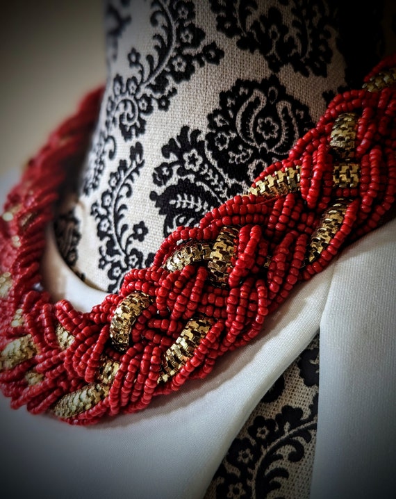 Red Seed Bead Goldtone Chain Braided Necklace - image 2