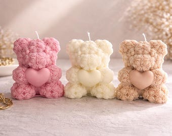 Teddybär Soja Kerze | Herz Ornament, handgefertigte Stumpenkerze