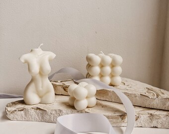 Handmade Soy Wax Candle Set, Bubble Cube and Female Body, Vegan