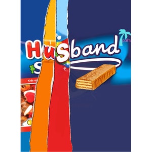 May include: A blue, orange, and red package with the word "Husband" in a white, rainbow-colored font. The package is torn open to reveal a chocolate wafer bar.