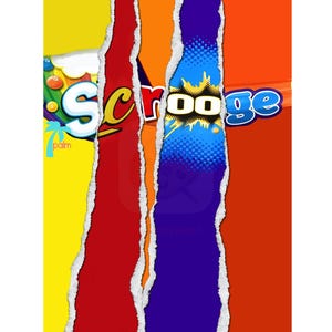 Könnte beinhalten: Ein zerrissener Papierhintergrund mit vier verschiedenen Farbabschnitten. Die Abschnitte sind gelb, rot, blau und orange. Das Wort "Scrooge" ist in blauer, weißer und gelber Schrift über die Abschnitte geschrieben.