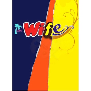 May include: A torn, colorful image of a candy bar wrapper with the word "Wiffee" in a purple, brown, and red font. The wrapper is torn to reveal a yellow background with a brown floral design. The word "palm" is written in pink below a blue palm tree.