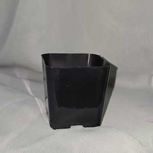 Puede incluir: Una pequeña maceta cuadrada de plástico negro. La maceta tiene un diseño ligeramente cónico y se apoya en cuatro pequeños pies. El interior está vacío y la maceta está limpia. El fondo es una tela gris claro.