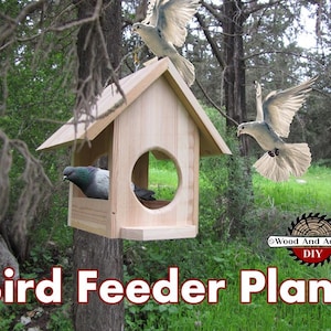 May include: A wooden bird feeder with a roof and a circular opening. The feeder is mounted on a tree trunk. Two birds are flying near the feeder. The text "Bird Feeder Plans" is written in red letters below the feeder. The text "Wood And Advice DIY" is written in white letters on a red circle with a saw blade graphic.