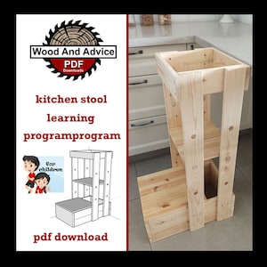 May include: A wooden kitchen learning tower with three shelves and a step. The tower is made of unfinished wood and has a simple design. The text "Wood And Advice PDF Downloads" is visible in the image. The text "kitchen stool learning program program" is also visible in the image. The text "pdf download" is visible in the image.