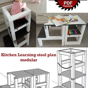 May include: A white kitchen learning stool plan with a chain safety feature. The plan is modular and includes a step stool and a taller stool with a platform. The plan is labelled "Model B".