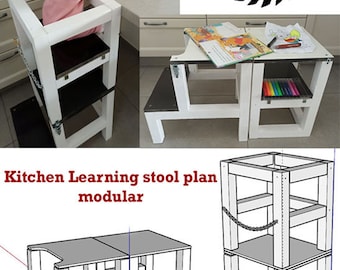 Puede incluir: Un plan de taburete de aprendizaje de cocina blanco con una función de seguridad de cadena. El plan es modular e incluye un taburete de paso y un taburete más alto con una plataforma. El plan está etiquetado como "Modelo B".
