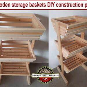 May include: A three-tier wooden storage basket stand with a natural wood finish. The stand is made of unfinished wood and has a simple design. The stand is perfect for storing fruits, vegetables, or other items in the kitchen or pantry.