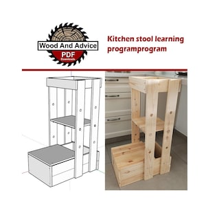 May include: A line drawing and a photograph of a wooden kitchen stool with two shelves. The stool is made of natural wood and has a simple design. The text "Wood And Advice PDF Downloads" is visible in the image.